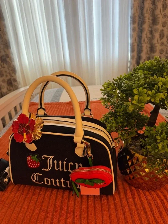 Juicy Couture Black Satchel with White Trim & Strawberry Charm - Picture 5 of 16